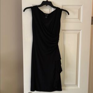 White House Black Market Black Midi Dress with Draped Side Ruffle